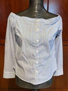 Express Off-Shoulder Blue and White Striped Button-Front Top